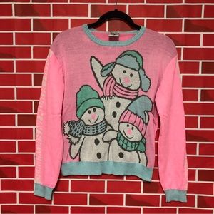 Ugly Christmas sweater pink snowman skiing cute bright